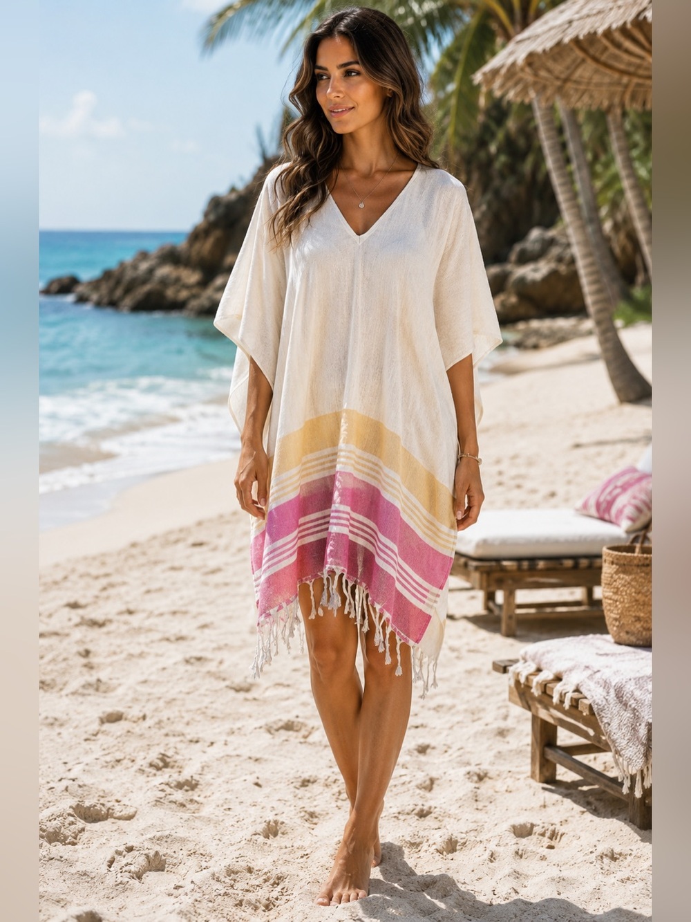 Tribe Alive Striped Fringed Cotton Beach Poncho Caftan Cover-Up Cream multi OSFM